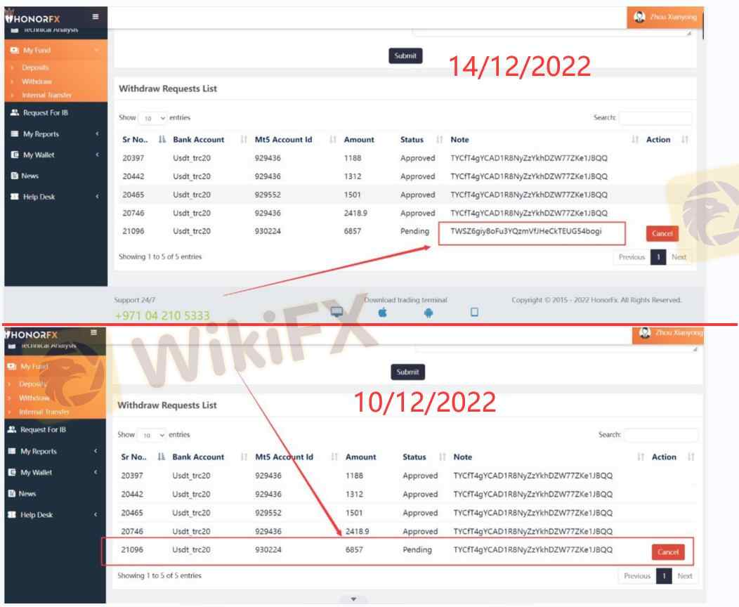 我在Honor有三个交易账户：929436，929552，930224，入金$14894,之前提款$6419,在10/12/2022提款$6857到14/10/2022一直未到账，14突然发现在CRM申请的提款地址突然被平台私自篡改，估计是要跑路了
