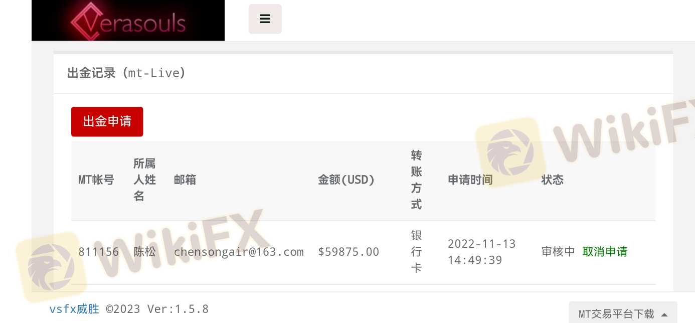 威胜外汇从2022年9月20号左右开始无法出金，平台领导人一直以各种借口和理由向会员实施缓兵之计。 希望相关部门予以帮助解决，让平台归还我的血汗钱。 姓名:陈松 MT账号:811156 MT账号:811154
