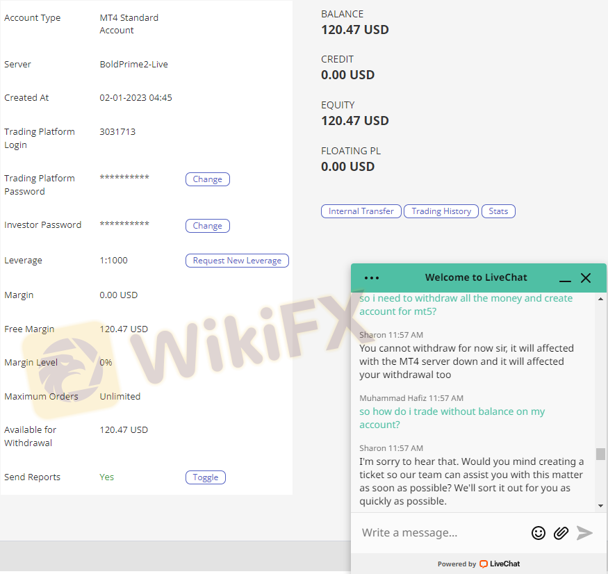 昨天我的 MT4 账户运行顺利，但今天我无法交易，我尝试了很多可能的技术方法，例如重新安装应用程序，重启我的路由器，但这些都不起作用。当我进入实时聊天并要求提款时，它说由于服务器故障你无法提款，他们要求我将平台更改为 MT5。我在 MT4 中的所有余额都不允许我提取资金，我到底想怎么交易？