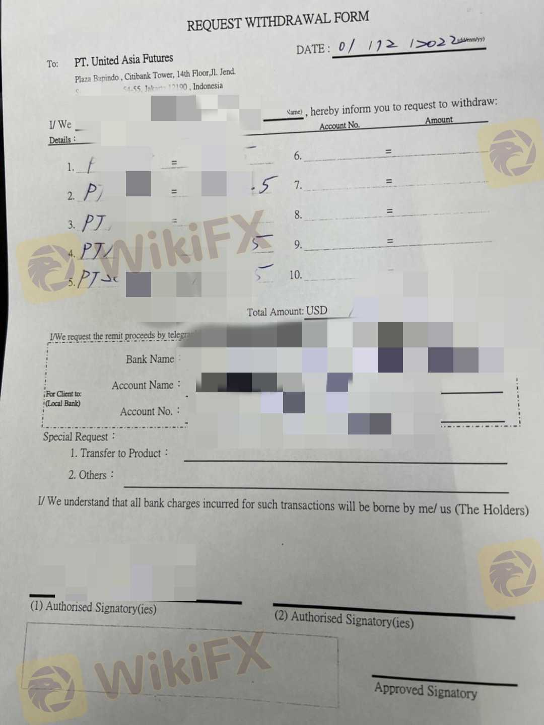 透过台湾致富GFS投资公司投资pt. united,从去年12月开始至今仍无法出金，附件是我们的出金单及部分投资清单