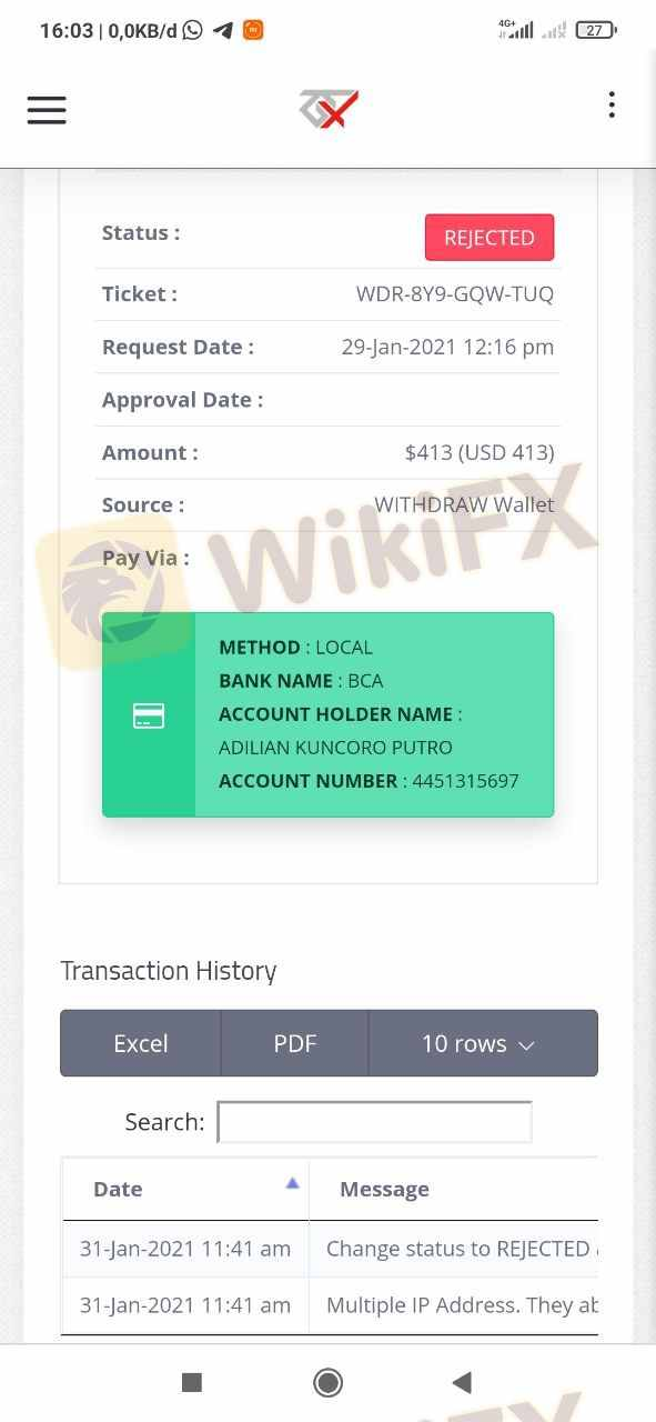 我自 2020 年 11 月以来一直在 TGX 上进行交易,存款和 WD 流程仍然安全,速度也很快。直到一月底,在他们的一个 LD(不是我的 LD)携款逃跑后,TGX 的 WD 流程被封锁。所有印度尼西亚交易者都被禁止进入他们的网络仪表板,所有提款都被拒绝,资金被扣留。 RO TGX 通知我们向总部发送电子邮件,但在客户发送电子邮件询问其提款流程后,所有客户帐户均被禁止 我自 2020 年 11 月以来一直在 TGX 上进行交易,存款和 WD 流程仍然安全,速度也很快。直到一月底,在他们的一个 LD(不是我的 LD)携款逃跑后,TGX 的 WD 流程被封锁。所有印度尼西亚交易者都被禁止进入他们的网络仪表板,所有提款都被拒绝,资金被扣留。 RO TGX 通知我们向总部发送电子邮件,但在客户发送电子邮件询问其提款流程后,所有客户帐户均被禁止