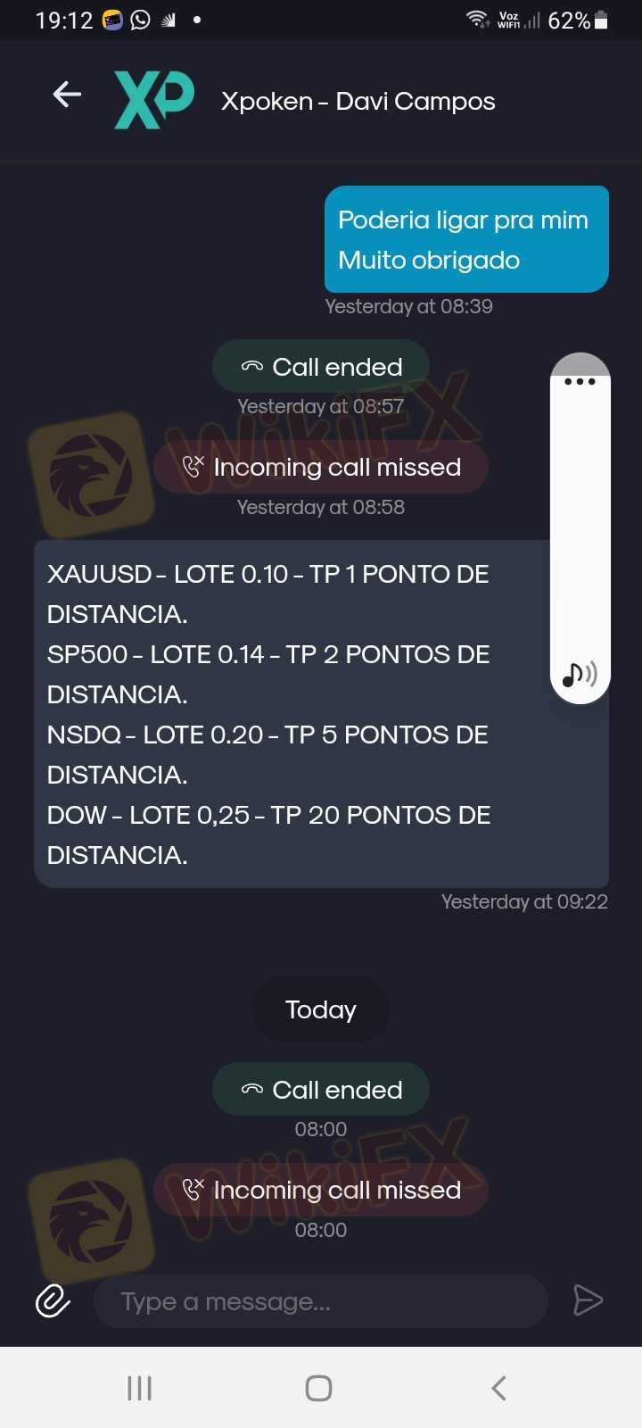 我在一家名为 xpoken 的公司开设了一个账户，我的经理名叫 Davi Campos，我投资了 100 美元，开始投资黄金，一个月后，我又投资了 200 万美元，开始投资黄金和标准普尔 500 指数，并开始赚取不错的收入。金额，然后经理告诉我要投资更多，以入股谷歌公司，我告诉他我没有钱，他给了我从银行借钱的想法，我在 Itaú 银行有一个银行账户，我去那里与 Itaú 经理交谈，看看我是否可以获得贷款，他们让我等 5 天看看是否可以。然后 Davi Campos 说他要给我 8,000,000 美元的信用，直到 Itaú 银行把钱取出来，但他没有告诉我，如果我不支付这笔钱，就会要求我支付 2,000,000 美元。信用额为 8,000,000 美元。5 天内，来自 Itaú 银行的资金，贷款没有成功，xpoken 信用额已经在我的投资账户中，而且我已经在其他黄金 s&p 500 nasdarq 和 Daw Jones 进行投资一只谷歌股票，当天我从谷歌获得了800美元的收入，其他人也和他们每天一样的动向。然后，由于伊塔乌银行的贷款没有出去，他说我的账户将任何类型的提款都会被阻止，如果我不付款，他们将拿走我 200 万美元的全部资金来偿还 Davi Campos 在我账户上的信用金额，他在 4 月 5 日之前给我付款，我无法支付拿不到800万美元的钱，我要求取消我以800万美元信用签订的合同，他说如果我取消合同，我将失去一切，但他没有告诉我这份合同就像因为他想这么快地完成这笔交易，以至于我没有意识到自己陷入了陷阱，我不知道是否发生了这样的事情，但我告诉戴维·坎波斯取消合同，并说我不会给这