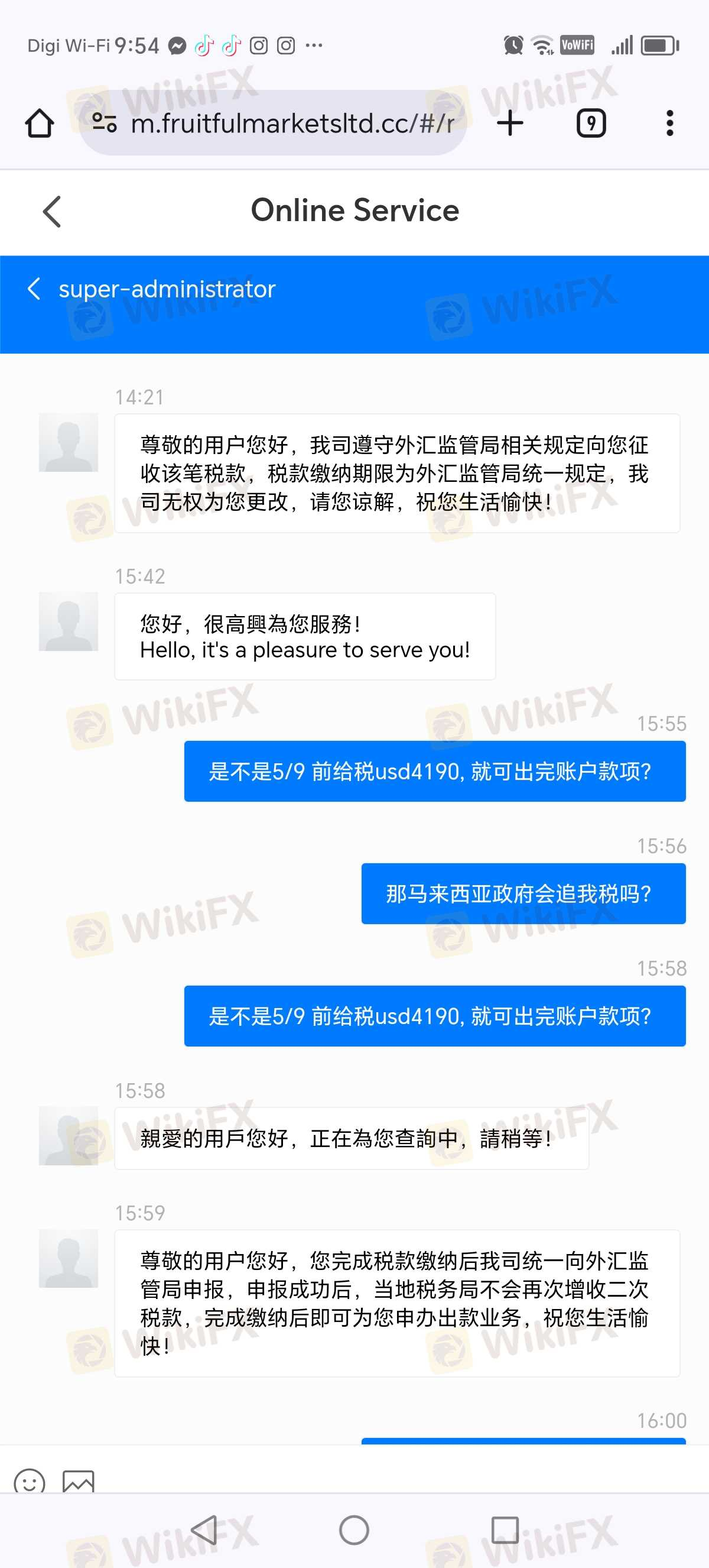 我相信了网上认识的一男生邀我同入金他操作带我赚孩子要读书的急钱。我几次入金后他操住后有赚。但现我要求客服出金时，才告诉我得交usd4190税给马来西亚政府？那男生也不愿意帮我一起交税，现在追我还他本金。拜托，我投的usd比他少多 现在我也没钱交税。