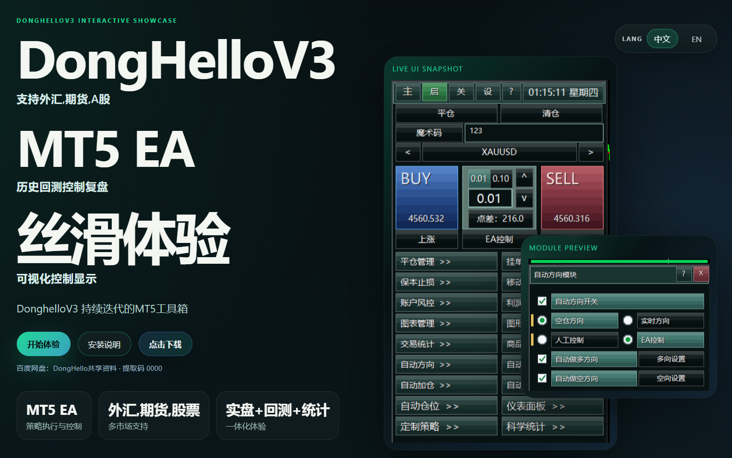 DongHelloV3 支持外汇，期货，A股 MT5 EA 可视化控制显示